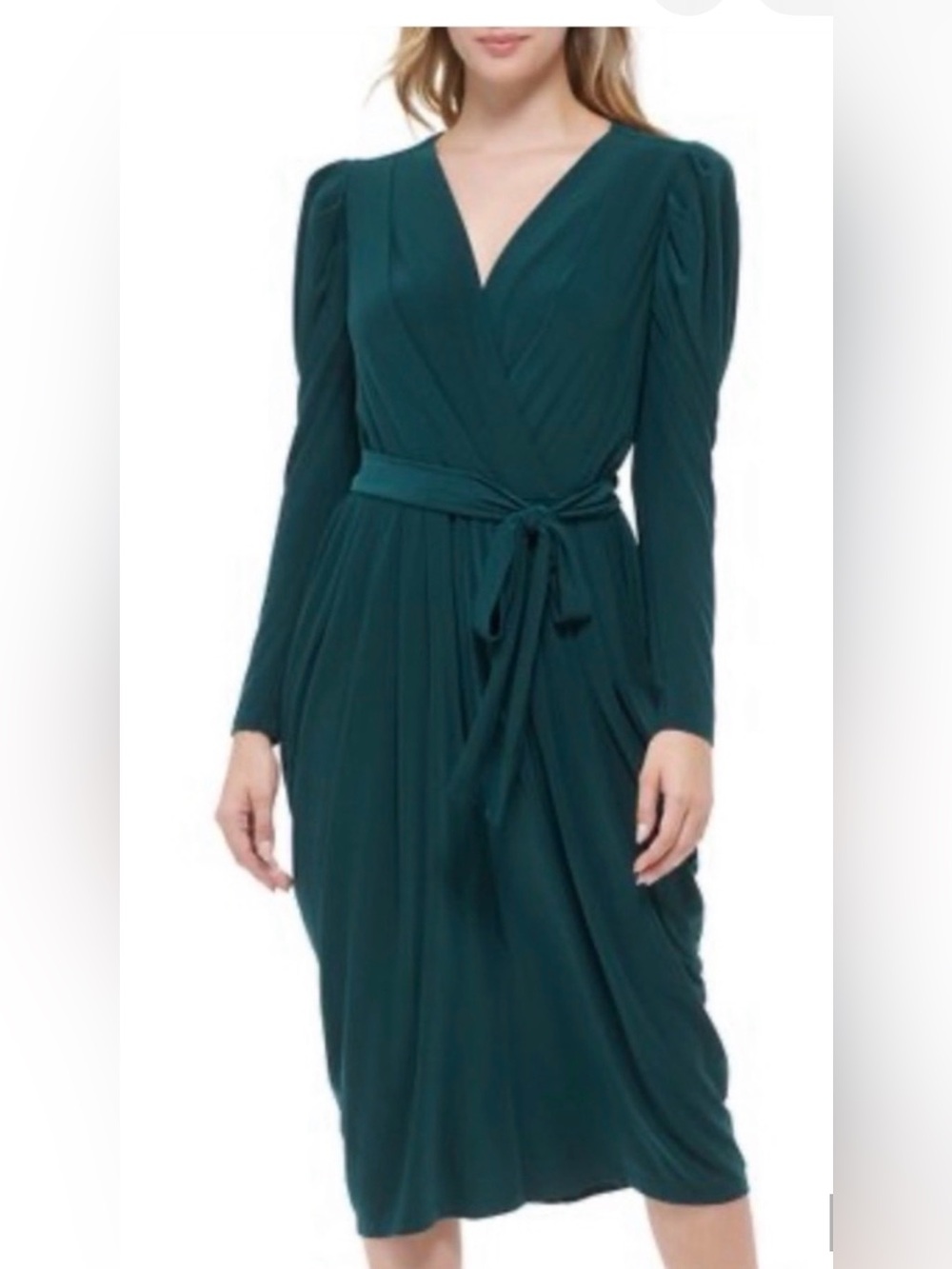 Tommy Hilfiger Elegant Teal Green Pleated Long-Sleeve Dress